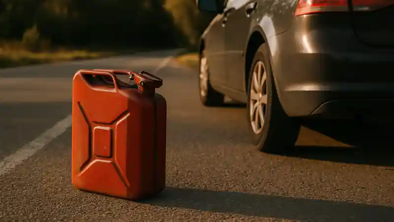 Red fuel can beside a car stopped on the roadside in Anna, TX