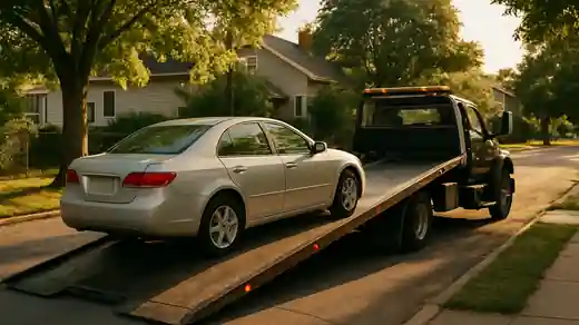 Flatbed tow truck loading a sedan on an Anna, TX street