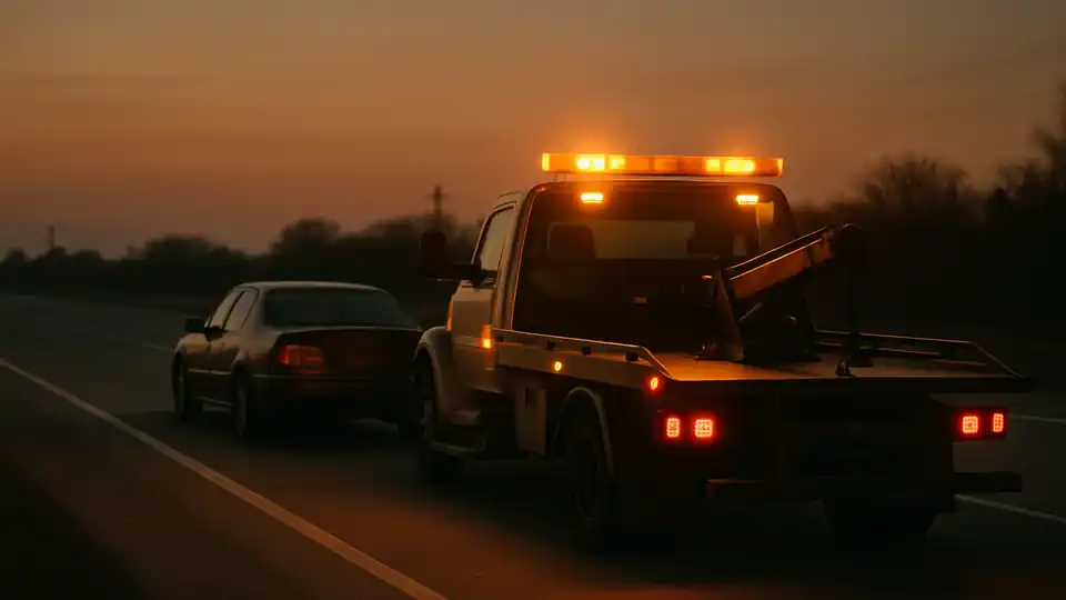 Tow truck with amber lights stopped behind a disabled car on an Anna, TX roadside